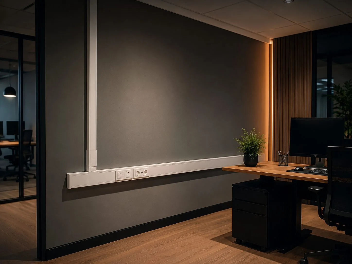 Goulotte et prises installées proprement dans un bureau